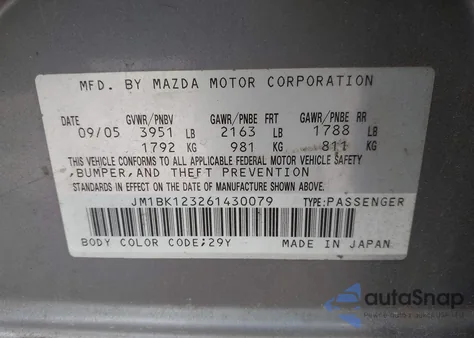 2006 Mazda Mazda3 S из США, поврежденный, VIN JM1BK123261430079